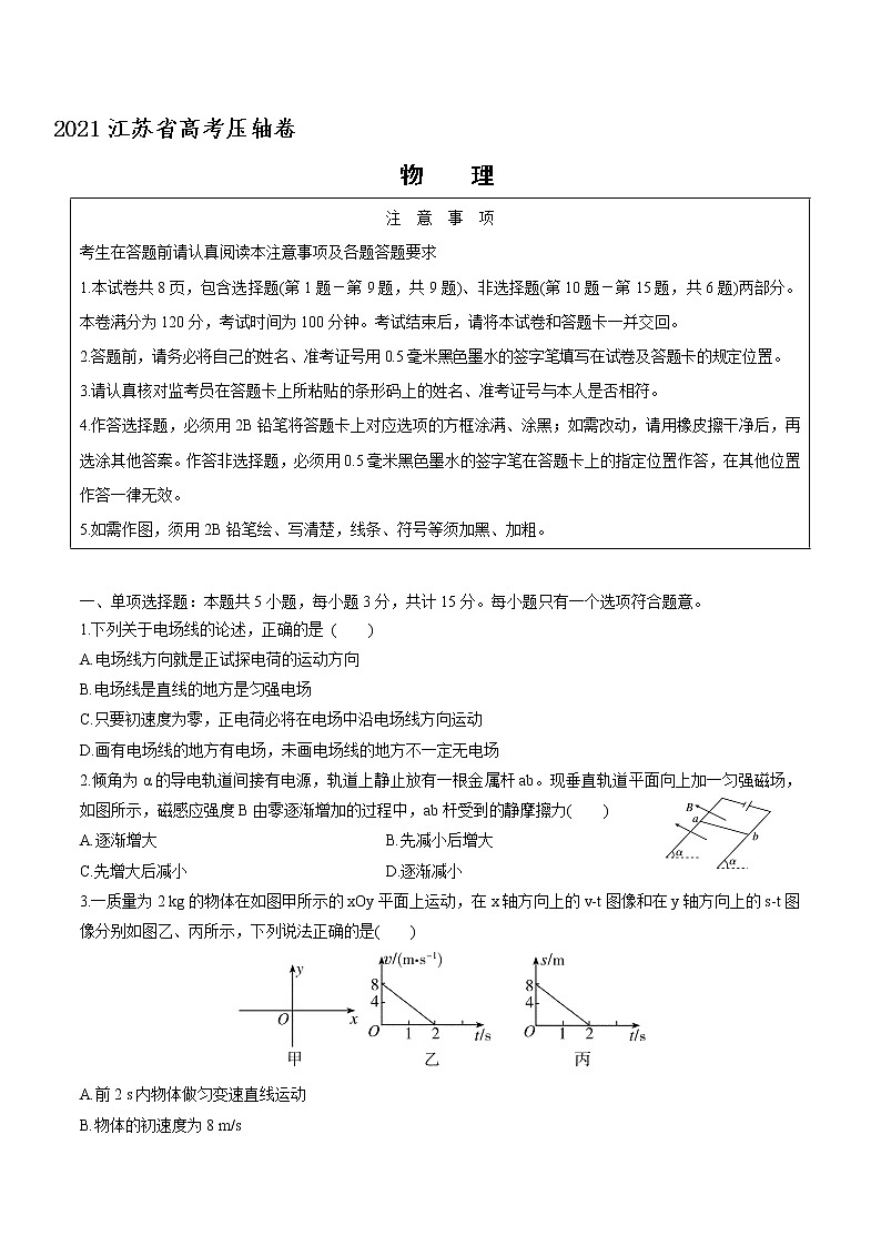2021江苏省高考压轴卷：物理 +答案解析01