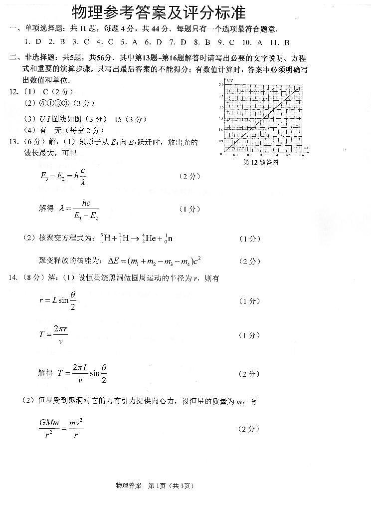 江苏省七市（南通、扬州、泰州、淮安、徐州、宿迁、连云港）2021届高三第三次调研考试物理参考答案01