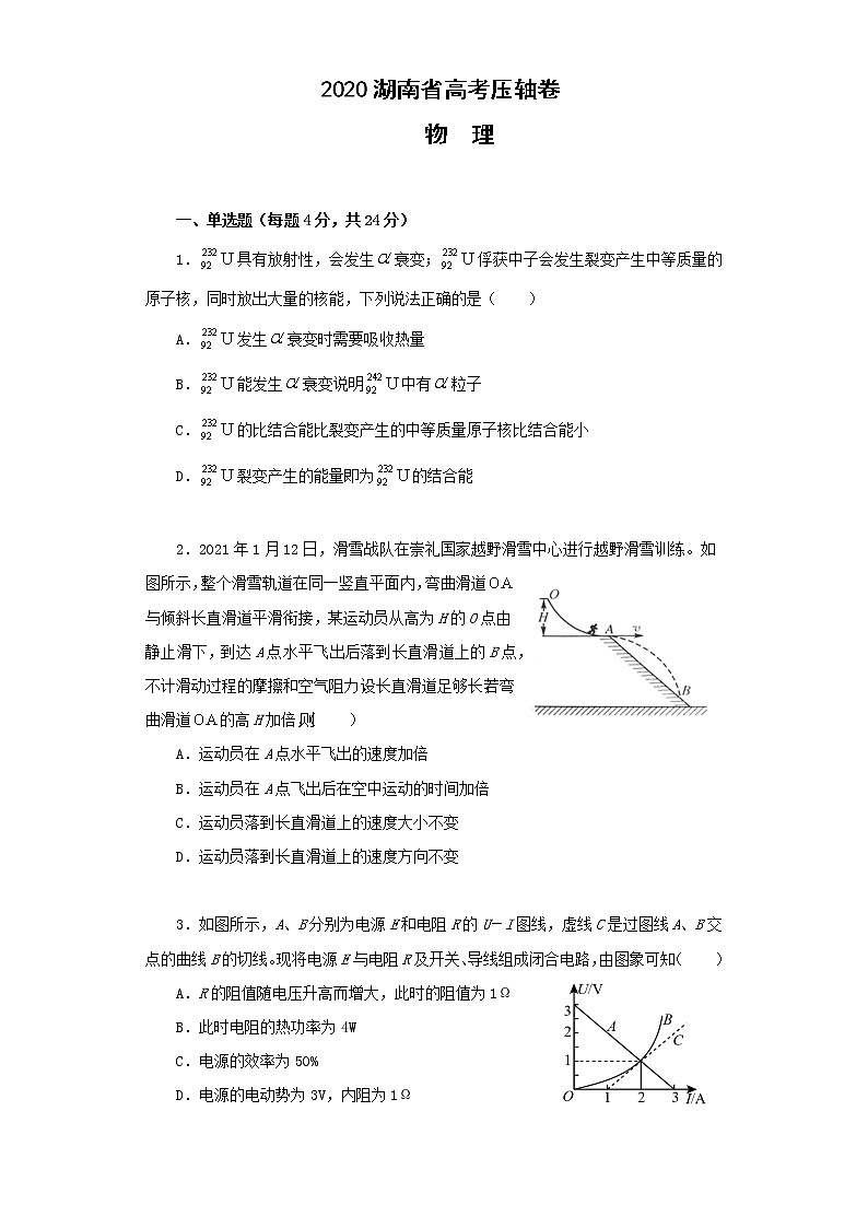 2021湖南省高考冲刺压轴卷：物理+答案解析第1页