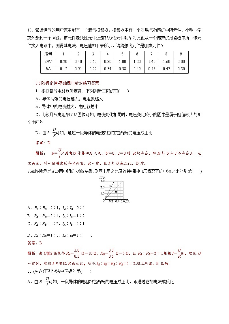 2.3 欧姆定律-基础课时针对练习—人教版高中物理选修3-103