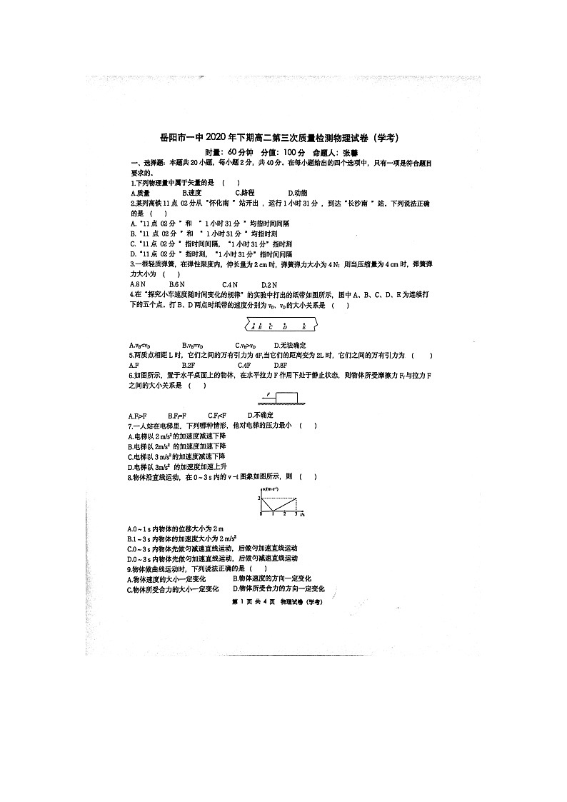湖南省岳阳市第一中学2020-2021学年高二上学期第三次质量检测（期末）物理（学考）试题（图片版）+扫描版含答案【KS5U+高考】01