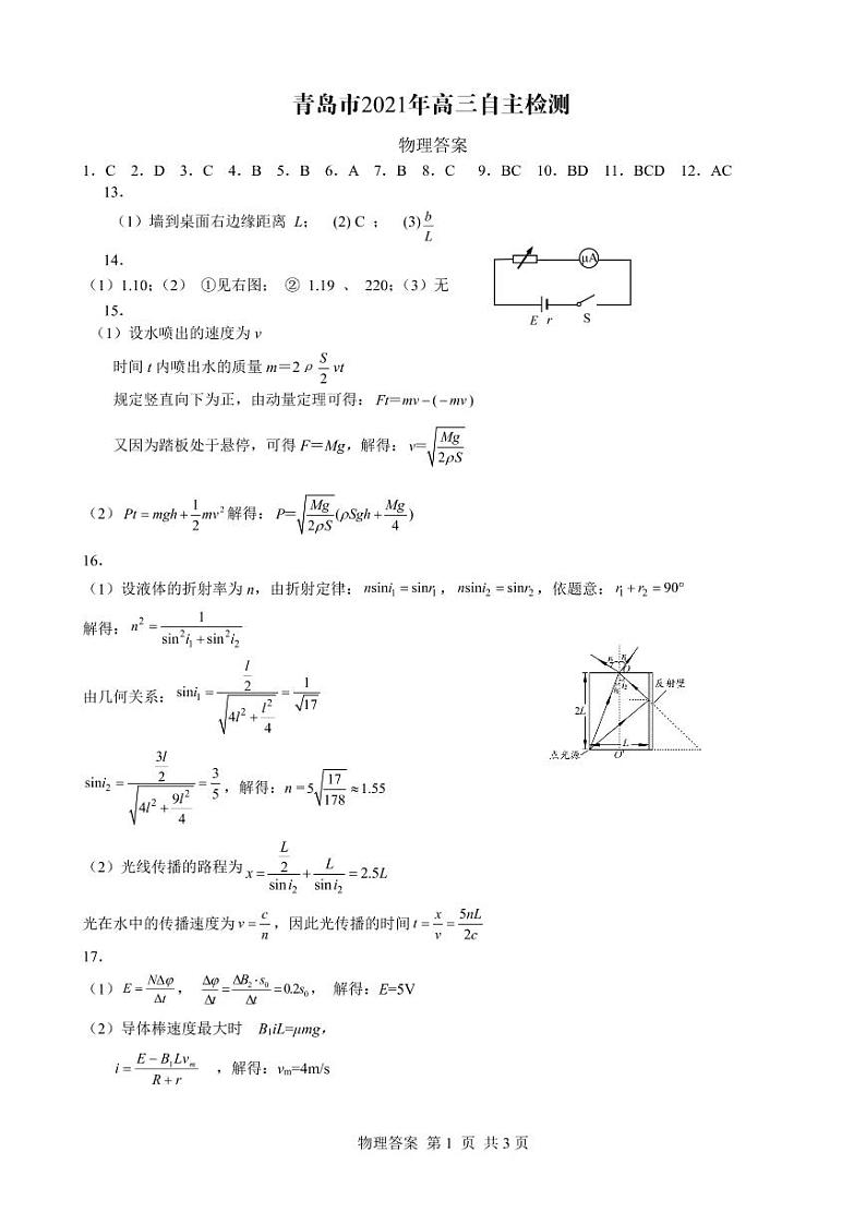 山东省青岛市2021届高三5月自主检测物理试题+答案01