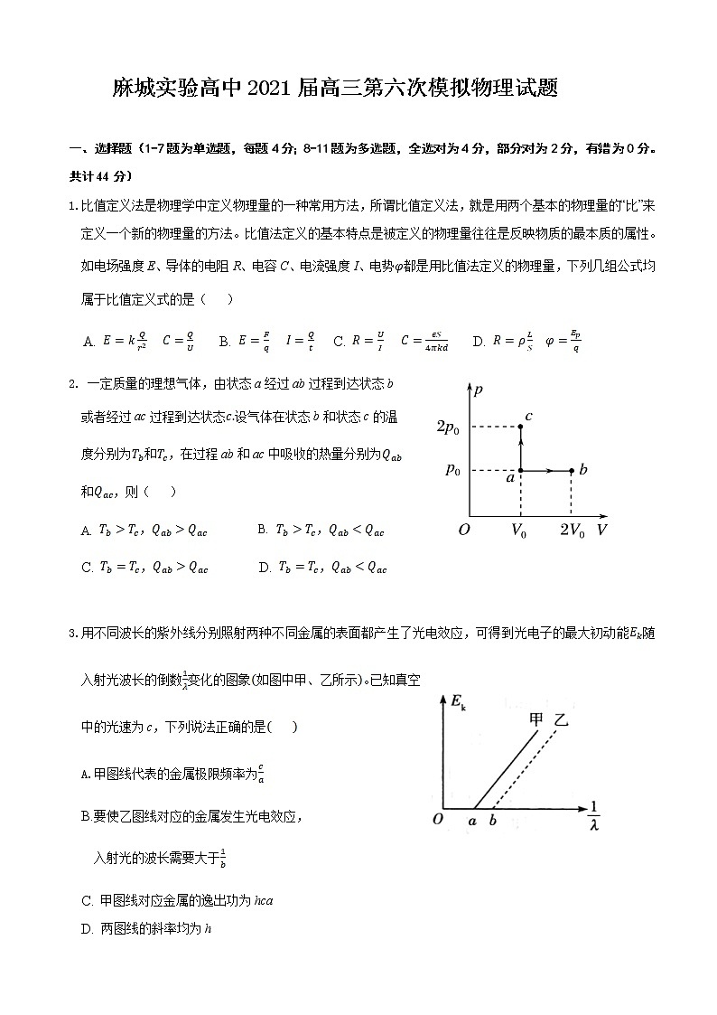 2021届湖北省麻城市实验高级中学高三下学期第六次模拟考试物理试卷01