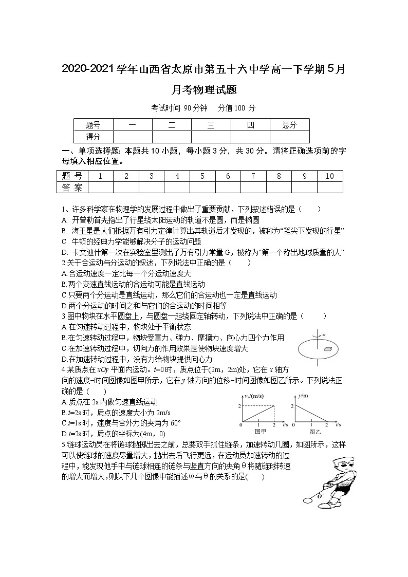 2020-2021学年山西省太原市第五十六中学高一下学期5月月考物理试题第1页