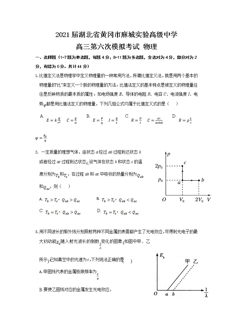 2021届湖北省黄冈市麻城实验高级中学高三第六次模拟考试 物理01