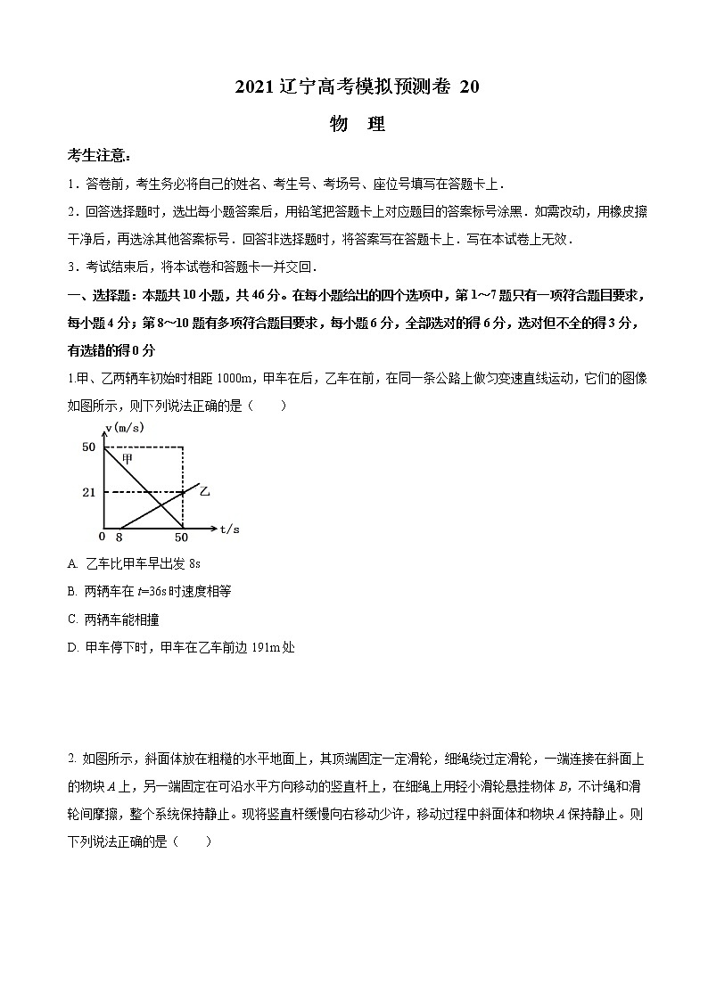 2021届辽宁省高三下学期4月高考模拟预测物理试题（20）01