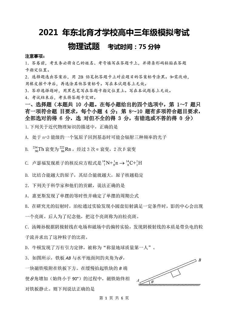 2021届辽宁省沈阳市东北育才学校高三下学期5月第九次模拟考试物理试题 PDF版（无答案）01