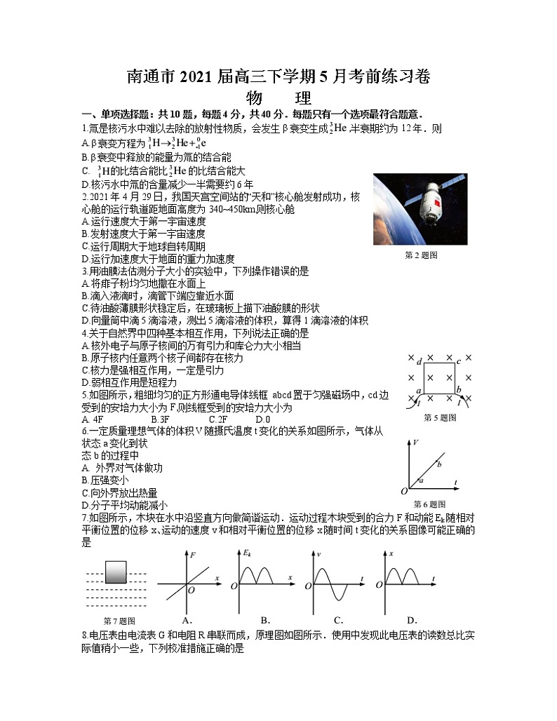 2021届江苏省南通市高三下学期5月考前练习卷（四模）物理试题 word（无答案）第1页