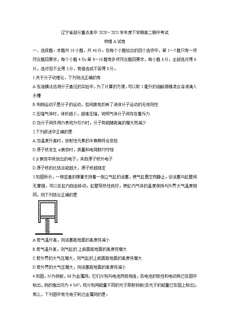 辽宁省部分重点高中2020-2021学年高二下学期期中考试+物理（A）+答案第1页