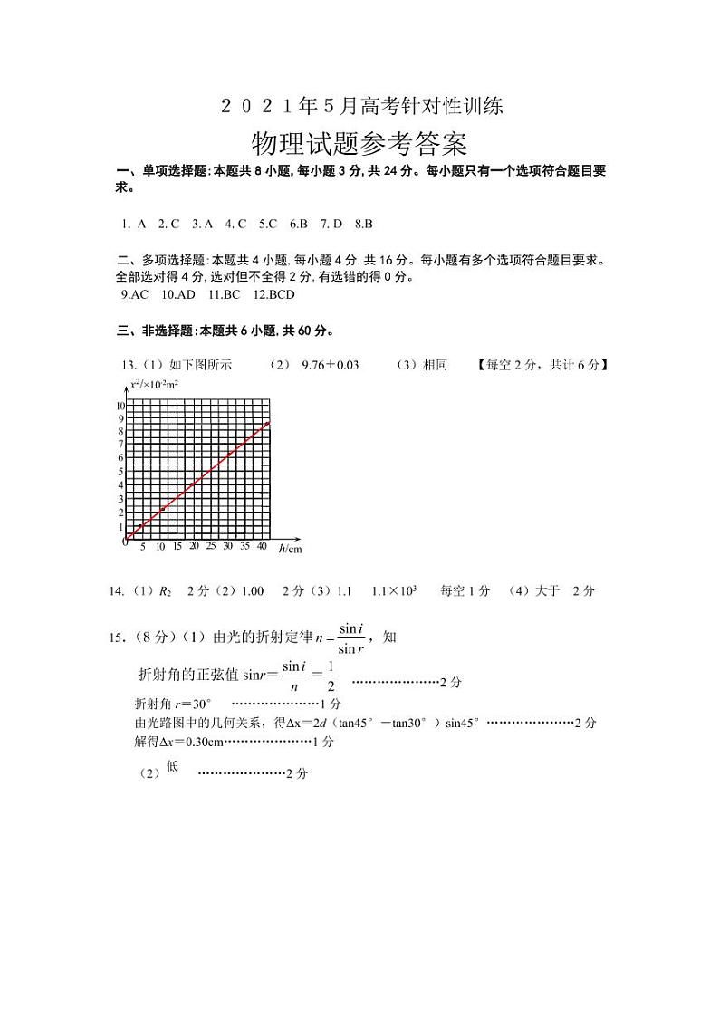 山东省济南市2021届高三下学期5月高考模拟针对训练（三模）物理试题+答案 (PDF版)01