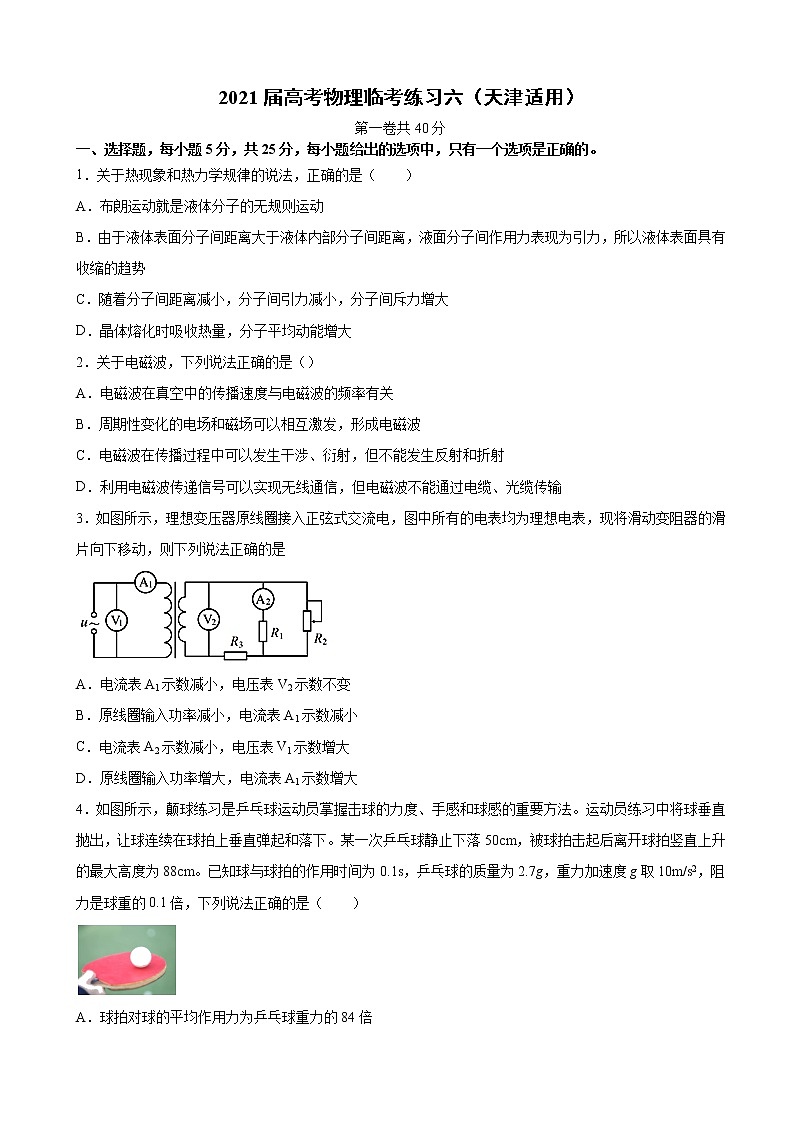 2021届天津市高三高考物理临考练习六（无答案）第1页