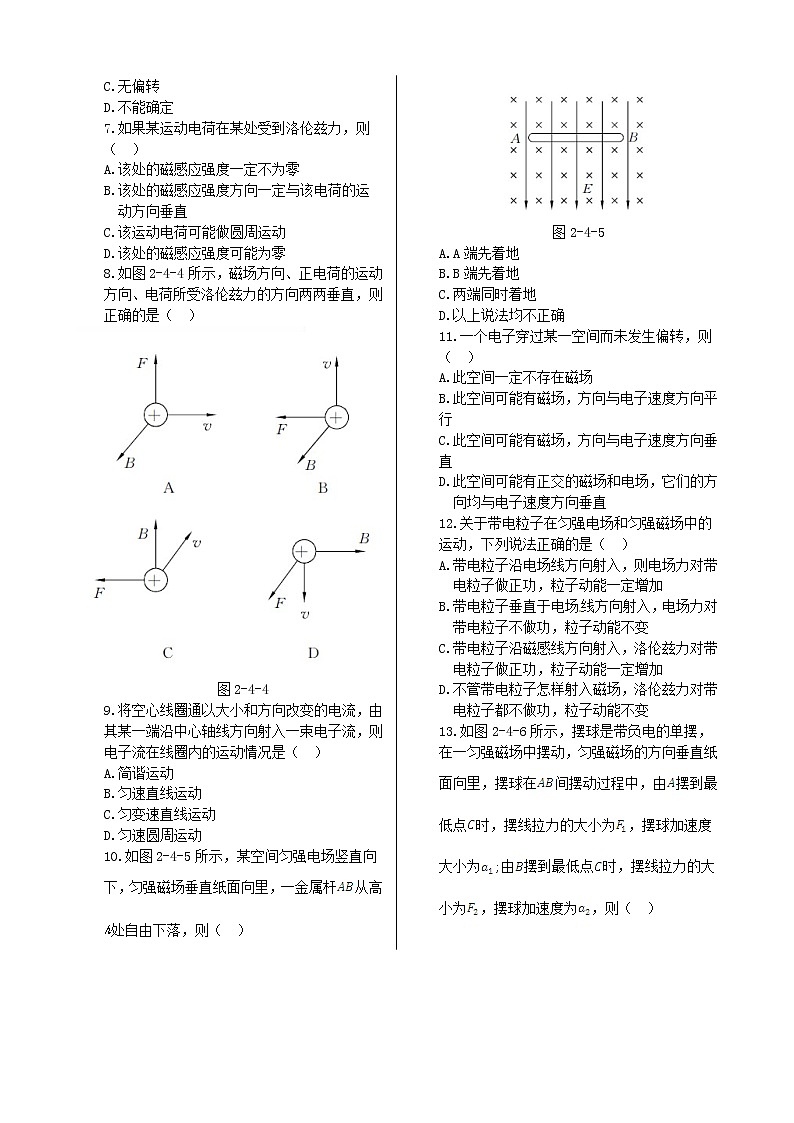 高中物理 第二章 第四节 磁场对运动电荷的作用第1课时同步检测 新人教版选修1-102