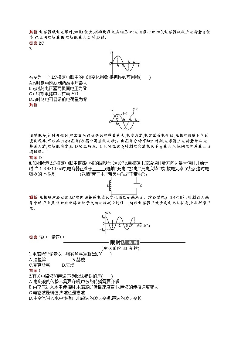高中物理人教版选修3-4课时训练14.1电磁波的发现电磁振荡 word版含解析02