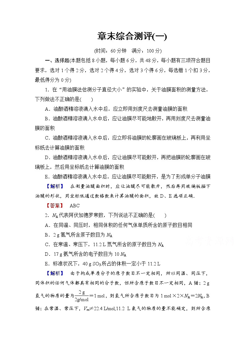 高中物理人教版选修3-3章末综合测评 章末综合测评1 word版含答案01