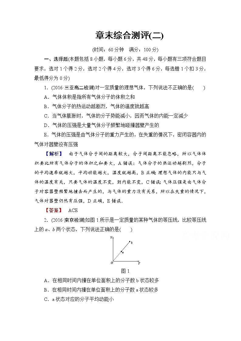高中物理人教版选修3-3章末综合测评 章末综合测评2 word版含答案01