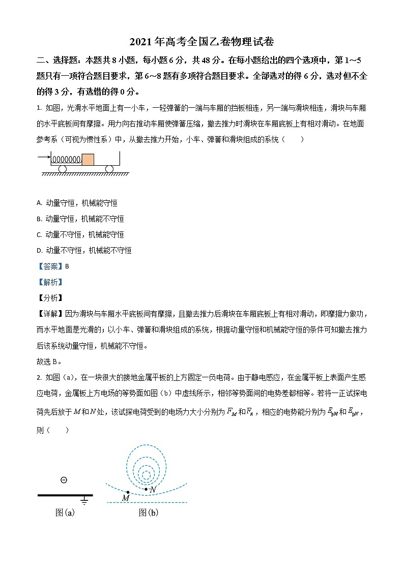 2021年高考全国乙卷理综物理高考真题及答案解析 (原卷+解析卷)01