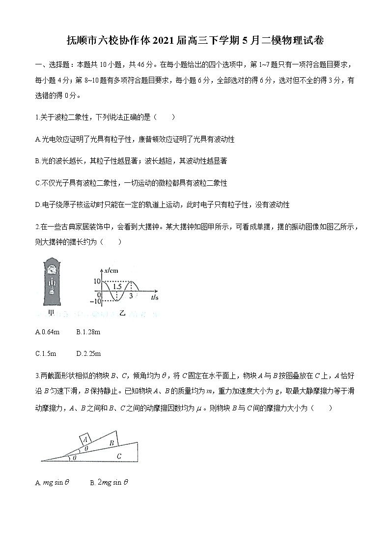 辽宁省抚顺市六校协作体2021届高三下学期5月二模物理试题+Word版含答案第1页