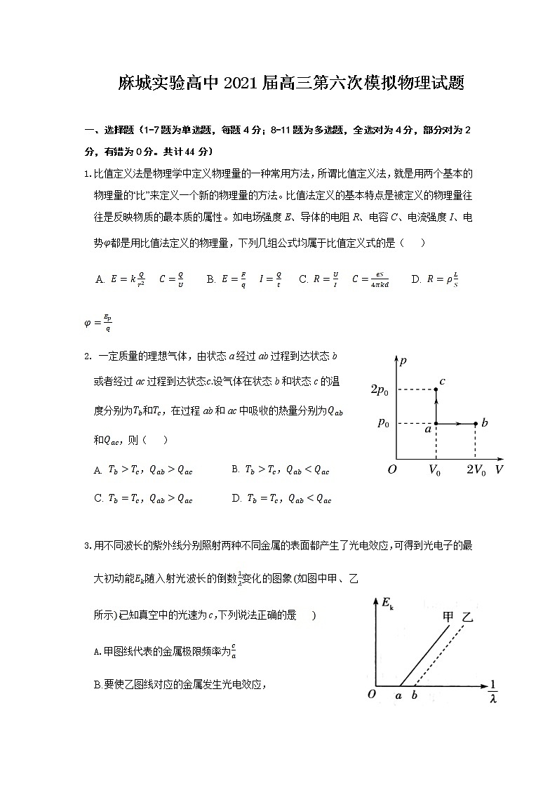湖北省麻城市实验高级中学2021届高三下学期第六次模拟考试物理试卷+Word版含答案01