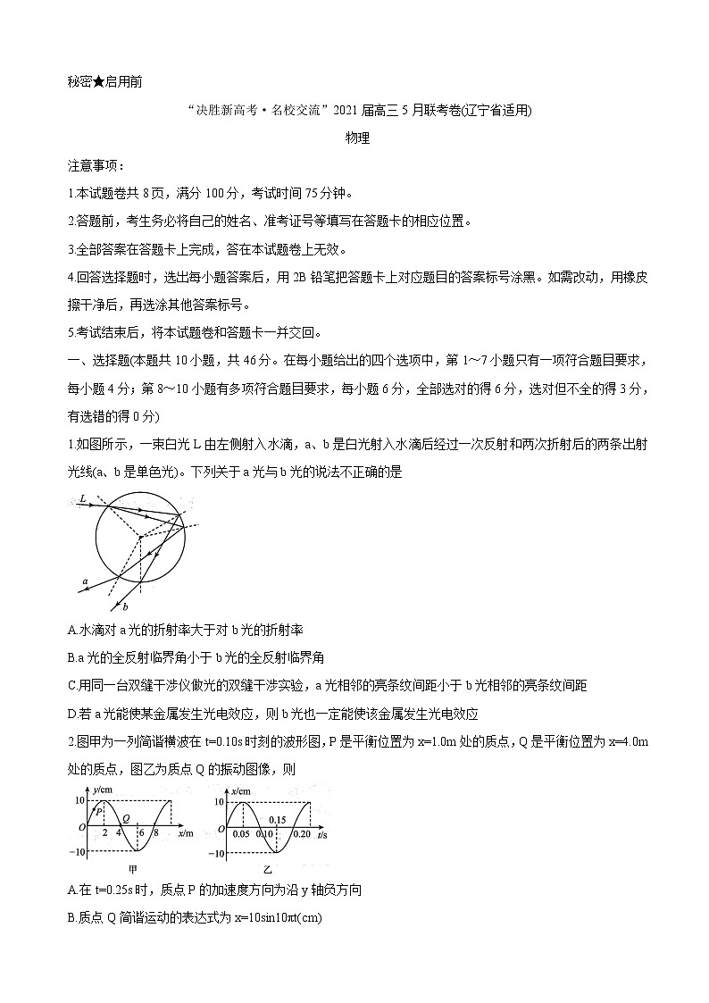 2021届辽宁省高三下学期决胜新高考名校交流5月联考 物理 试卷01