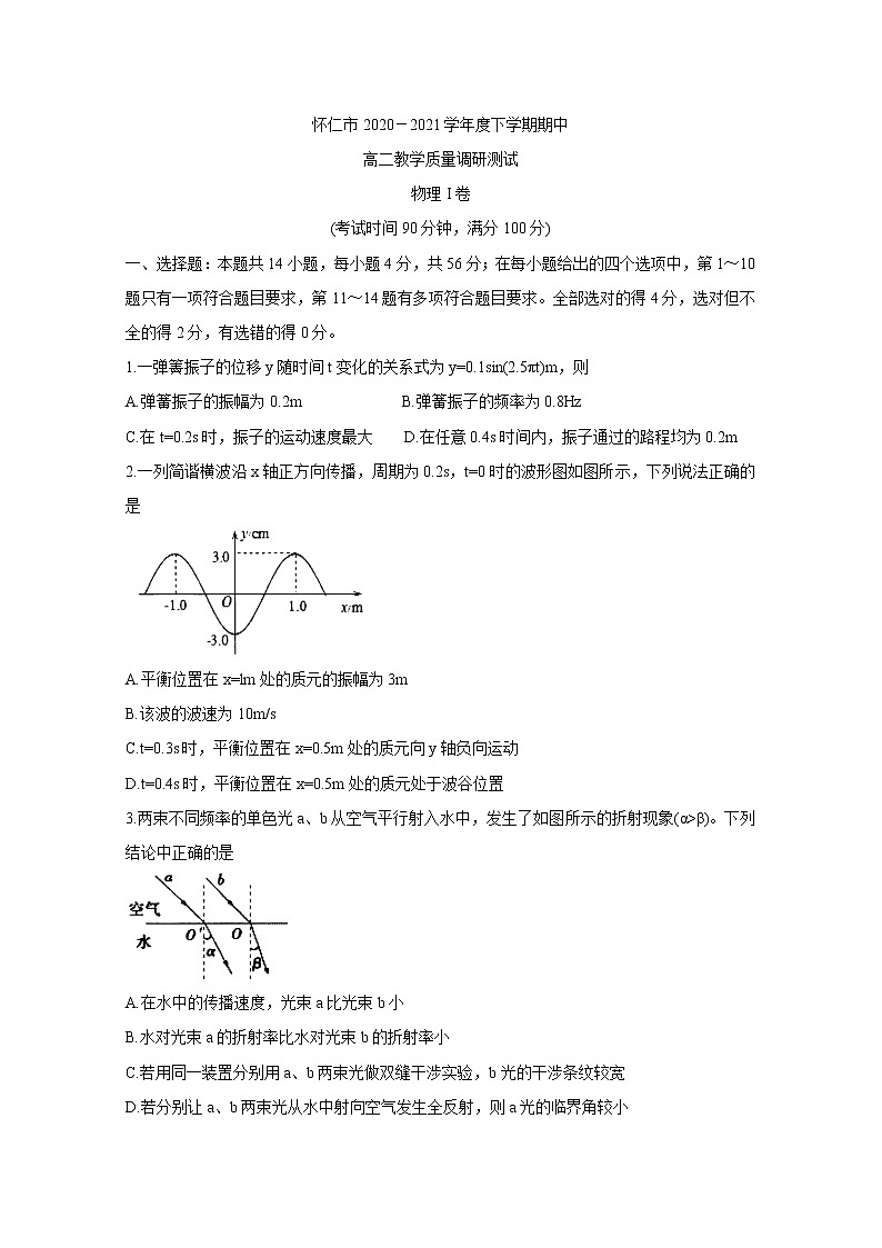 山西省怀仁市2020-2021学年高二下学期期中考试+物理+答案 (word版)01