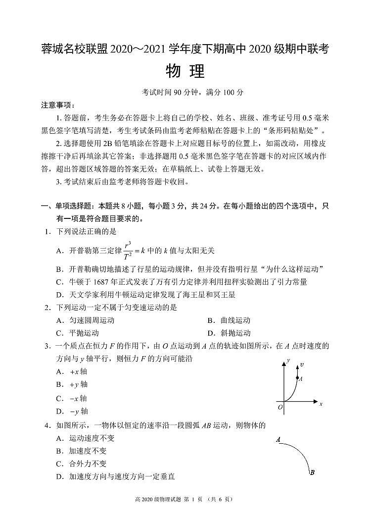 2020-2021学年四川省成都市蓉城名校联盟高一下学期期中联考物理试卷 PDF版01