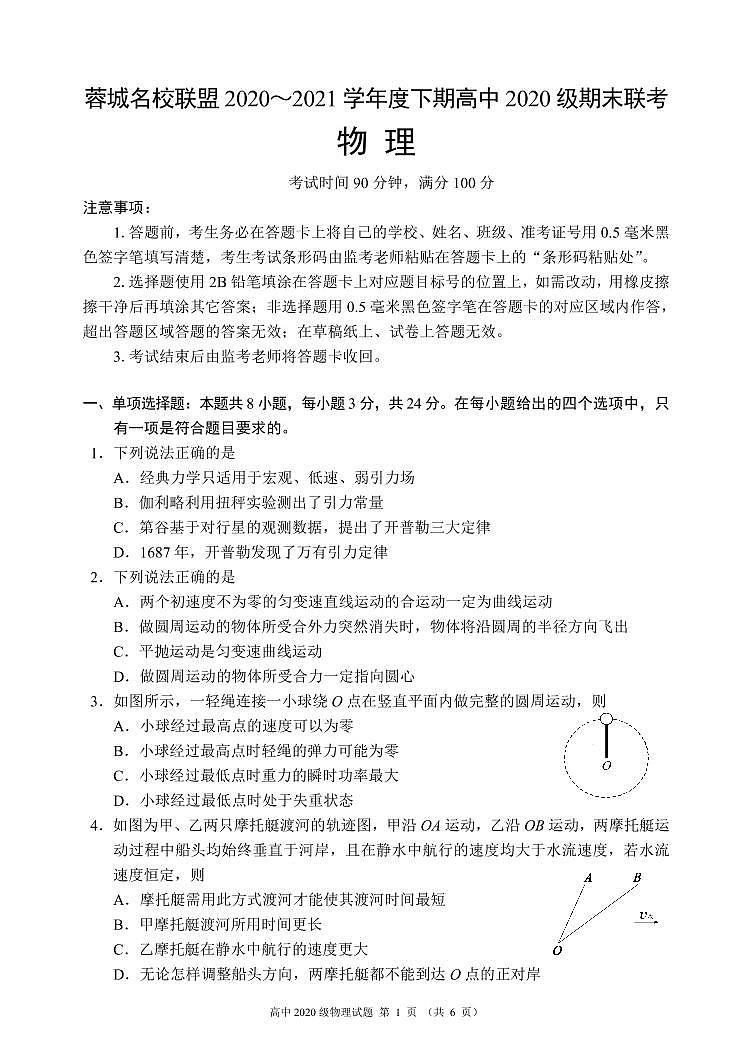 2020-2021学年四川省成都市蓉城名校联盟高一下学期期末联考物理试题 PDF版01