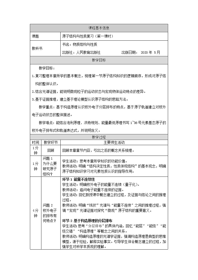 原子结构与性质复习（第一课时）-教学设计01