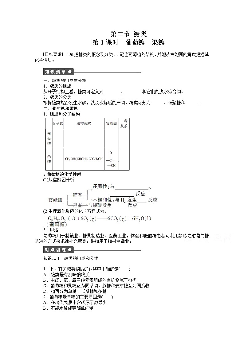 高中化学（人教版，选修5） 第四章生命中的基础有机化学物质  第二节第1课时练习题第1页