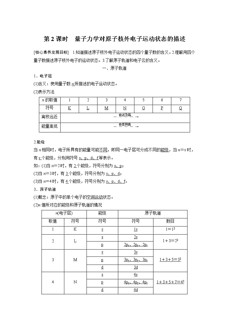 高中化学鲁科版 (2019) 选择性必修2 第1章 第1节 第2课时 量子力学对原子核外电子运动状态的描述知识点+习题01