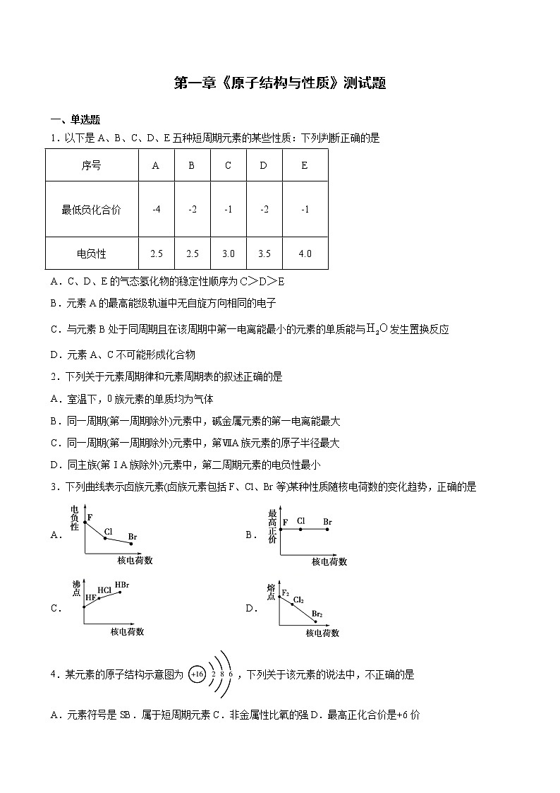 高二化学选择性必修2第一章《原子结构与性质》测试题01