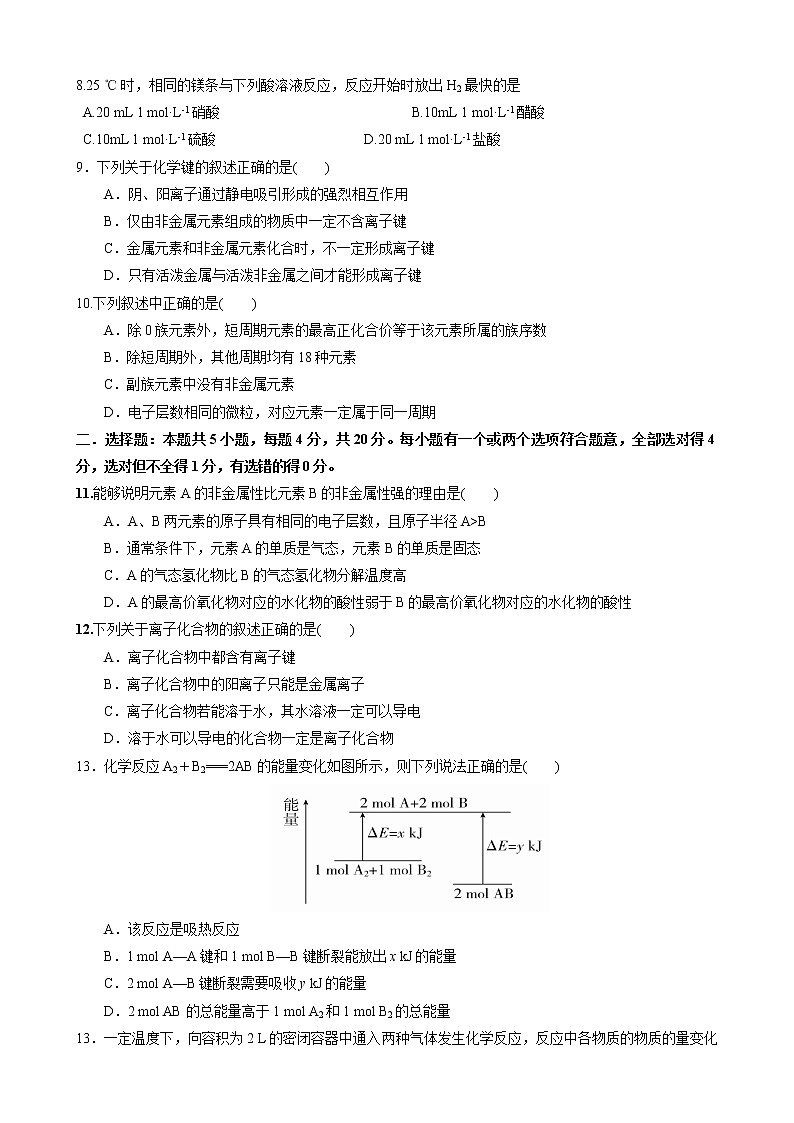 鲁科版高中化学必修第二册期中检测原卷+解析卷02