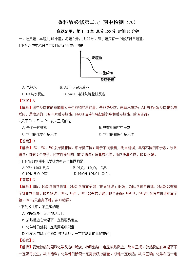 鲁科版高中化学必修第二册期中检测原卷+解析卷01