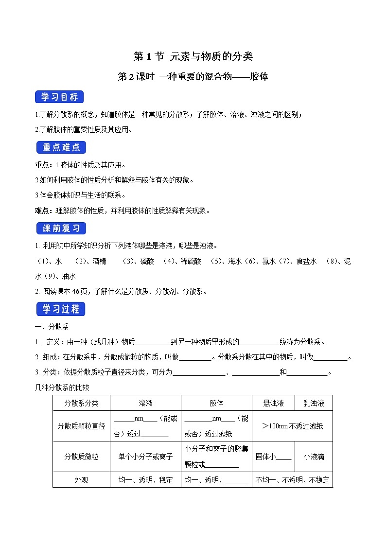 鲁科版(2019)高化学必修第一册2.1.2《胶体》学案（1)(含答案)第1页