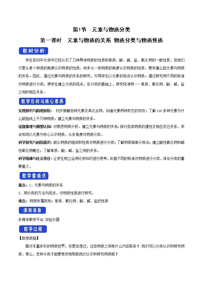 鲁科版(2019)高中化学必修第一册2.1.1《元素与物质的关系 物质分类与物质性质教学设计》(1) )01