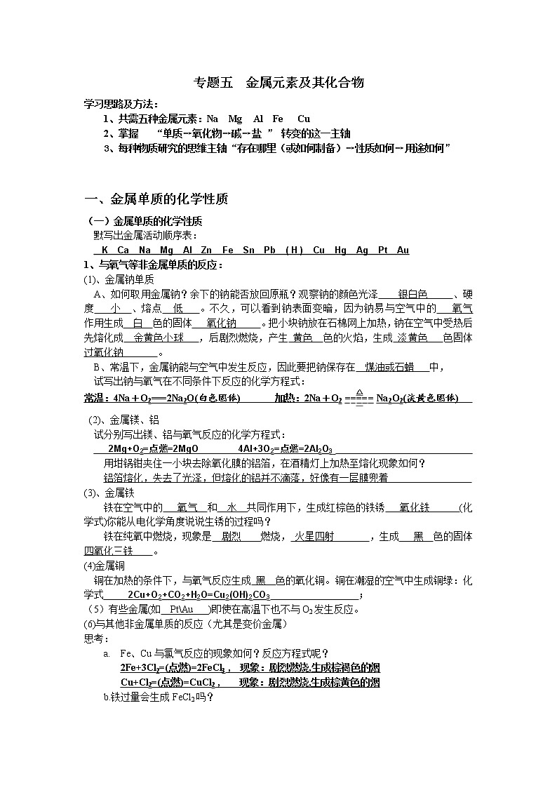 专题五 金属元素及其化合物-2022届高三高考化学复习考点剖析01