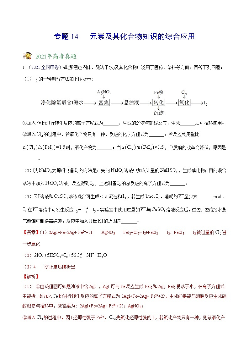 专题14元素及其化合物知识的综合应用——三年（2019-2021）高考化学真题分项汇编（全国通用）（解析版）01