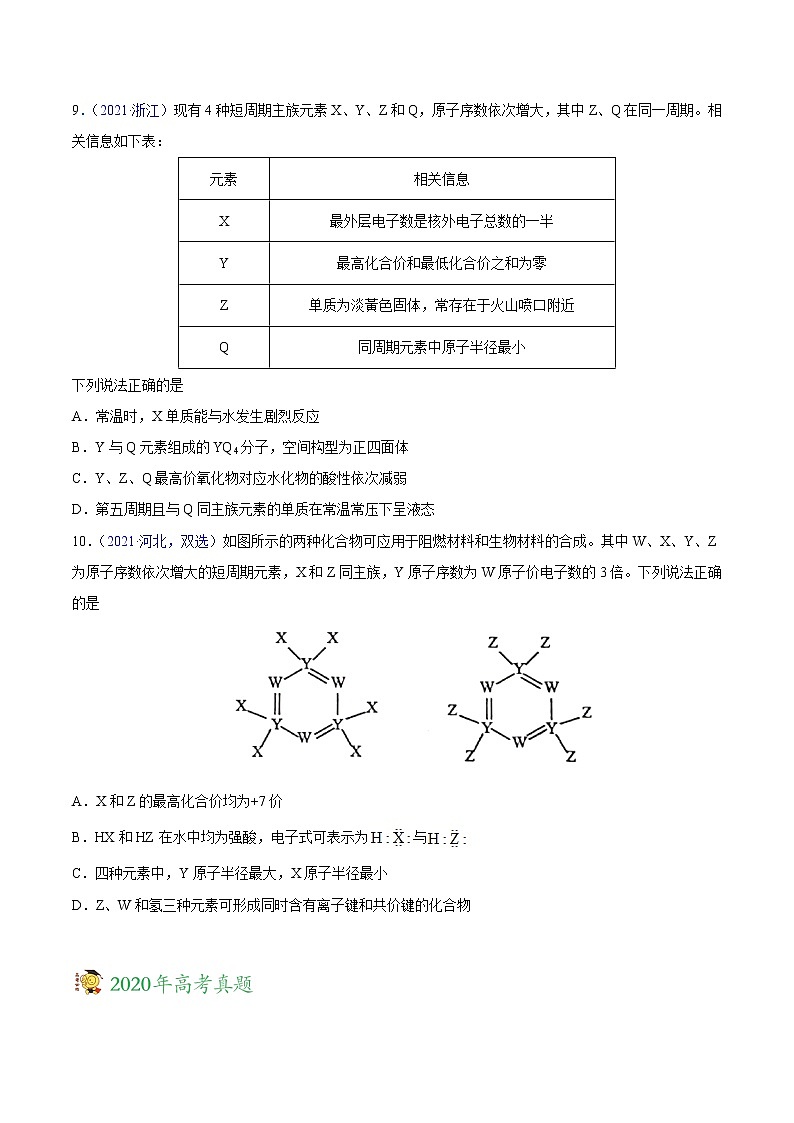 专题06物质结构元素周期律——三年（2019-2021）高考真题化学分项汇编（全国通用）（原卷版）第3页