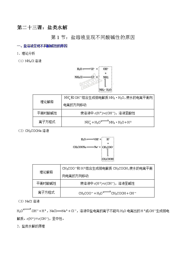 高考一轮复习第二十三课第1节：盐溶液呈现不同酸碱性的原因学案第1页