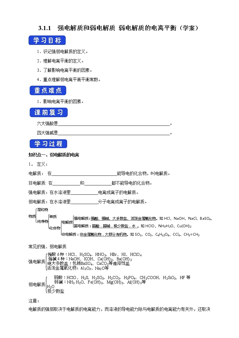 3.1.1  强电解质和弱电解质 弱电解质的电离平衡-【新教材】人教版（2019）高中化学选择性必修一课件+学案+练习01