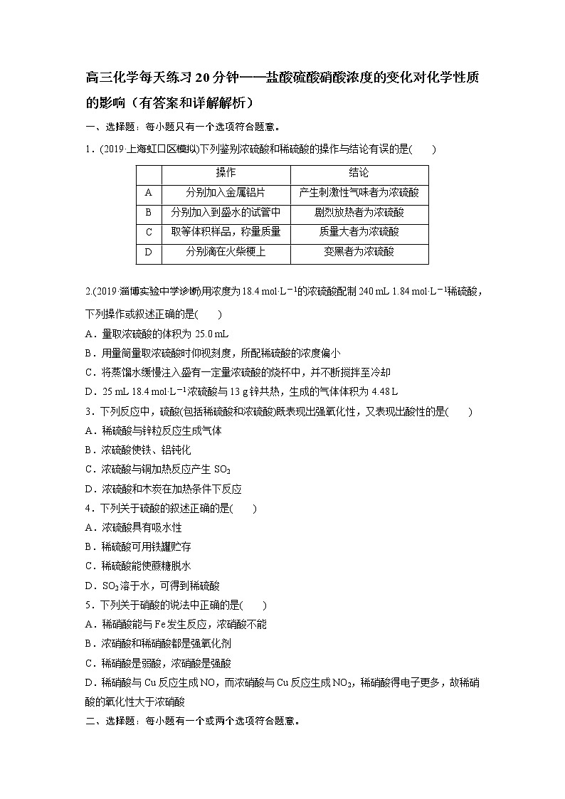 高三化学每天练习20分钟——盐酸硫酸硝酸浓度的变化对化学性质的影响（有答案和详解解析）第1页