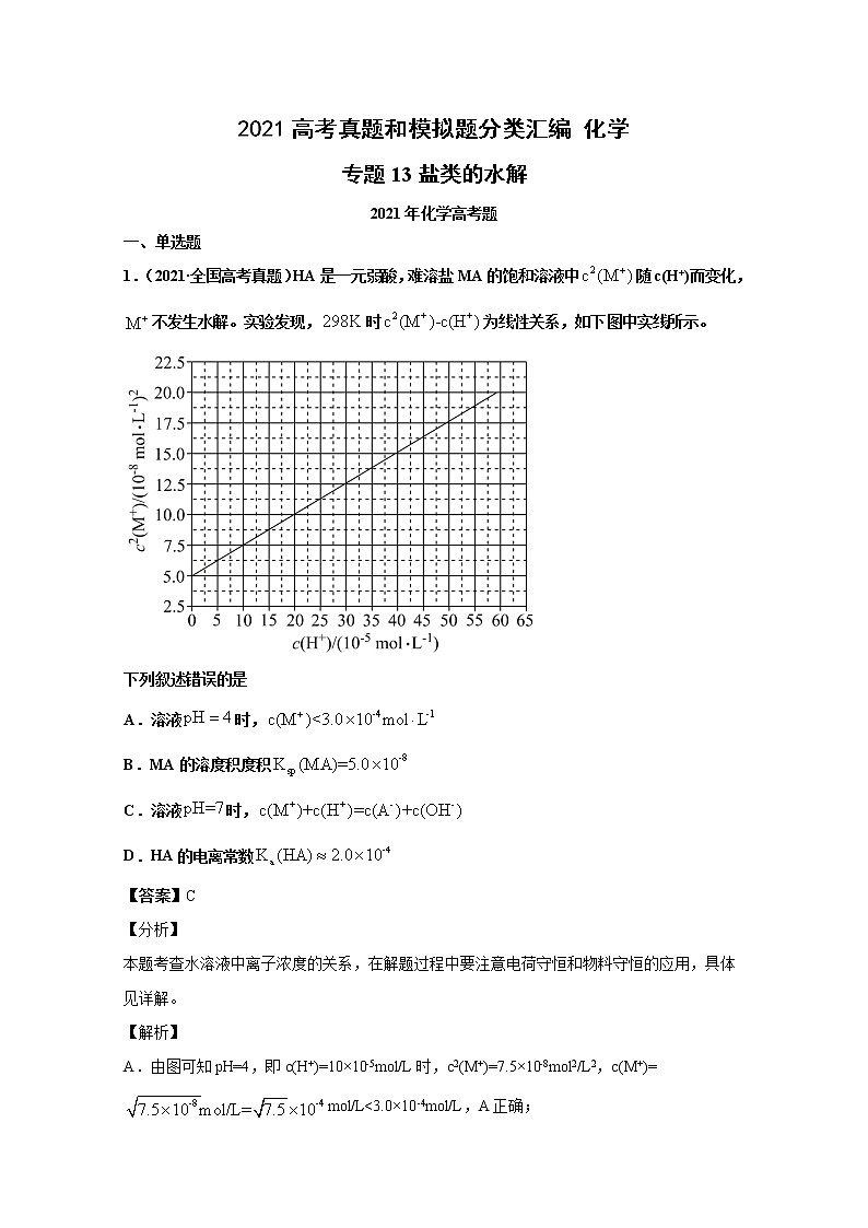 2021年高考化学真题及模拟题分类汇编专题13：盐类的水解（含答案解析）第1页