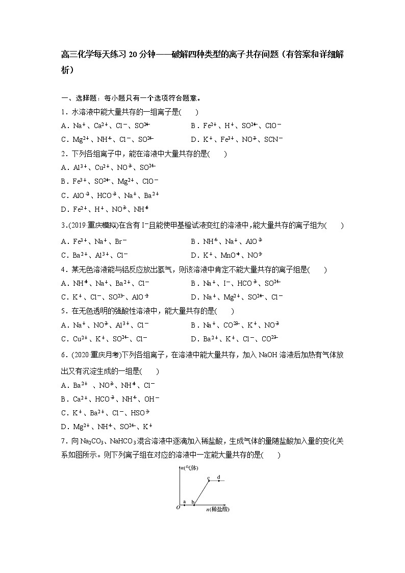 高三化学每天练习20分钟——破解四种类型的离子共存问题（有答案和详细解析）第1页