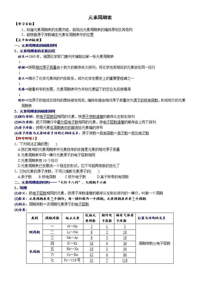 人教版必修一课时4.2元素周期表-高一化学必修第一册精品讲义第1页