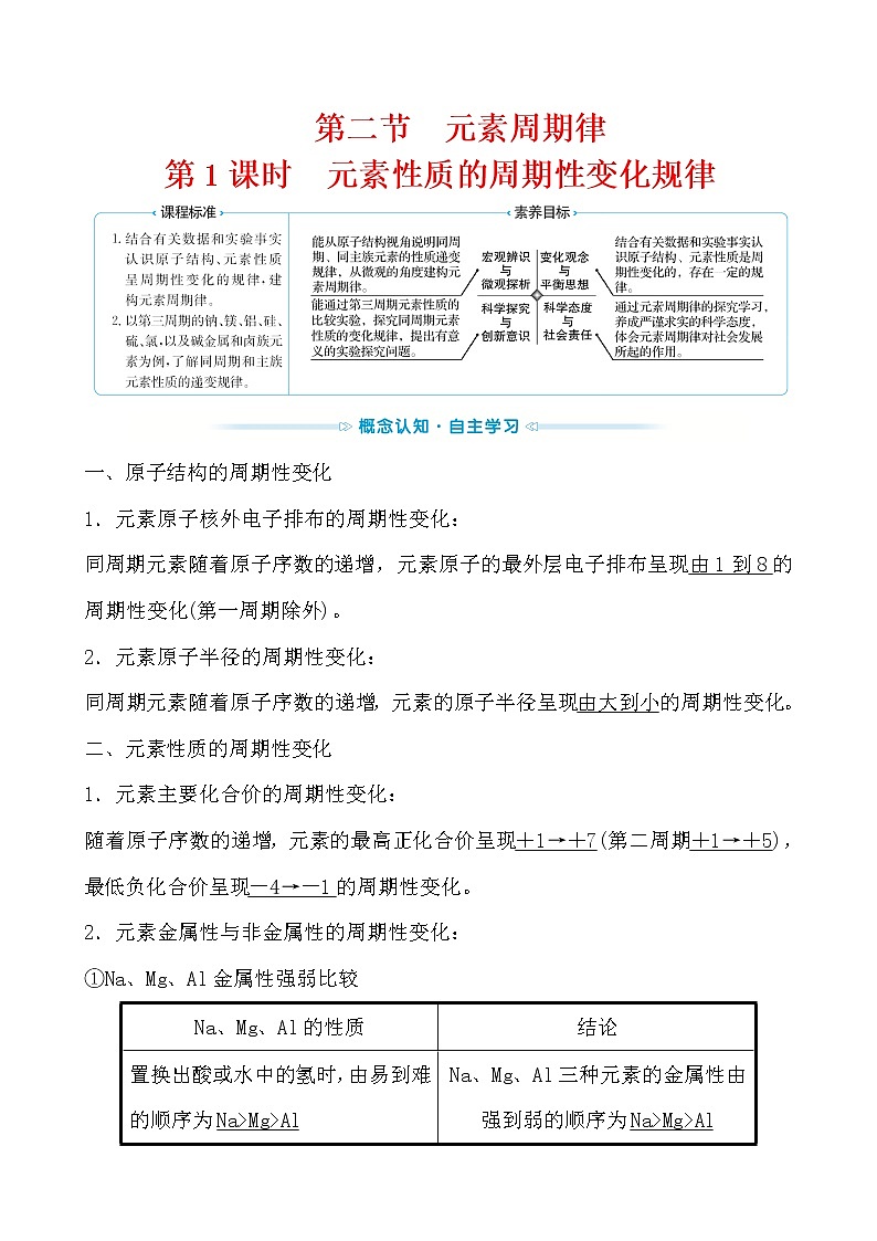 2021-2022学年高中化学新人教版必修第一册 第4章第2节元素周期律第1课时学案第1页