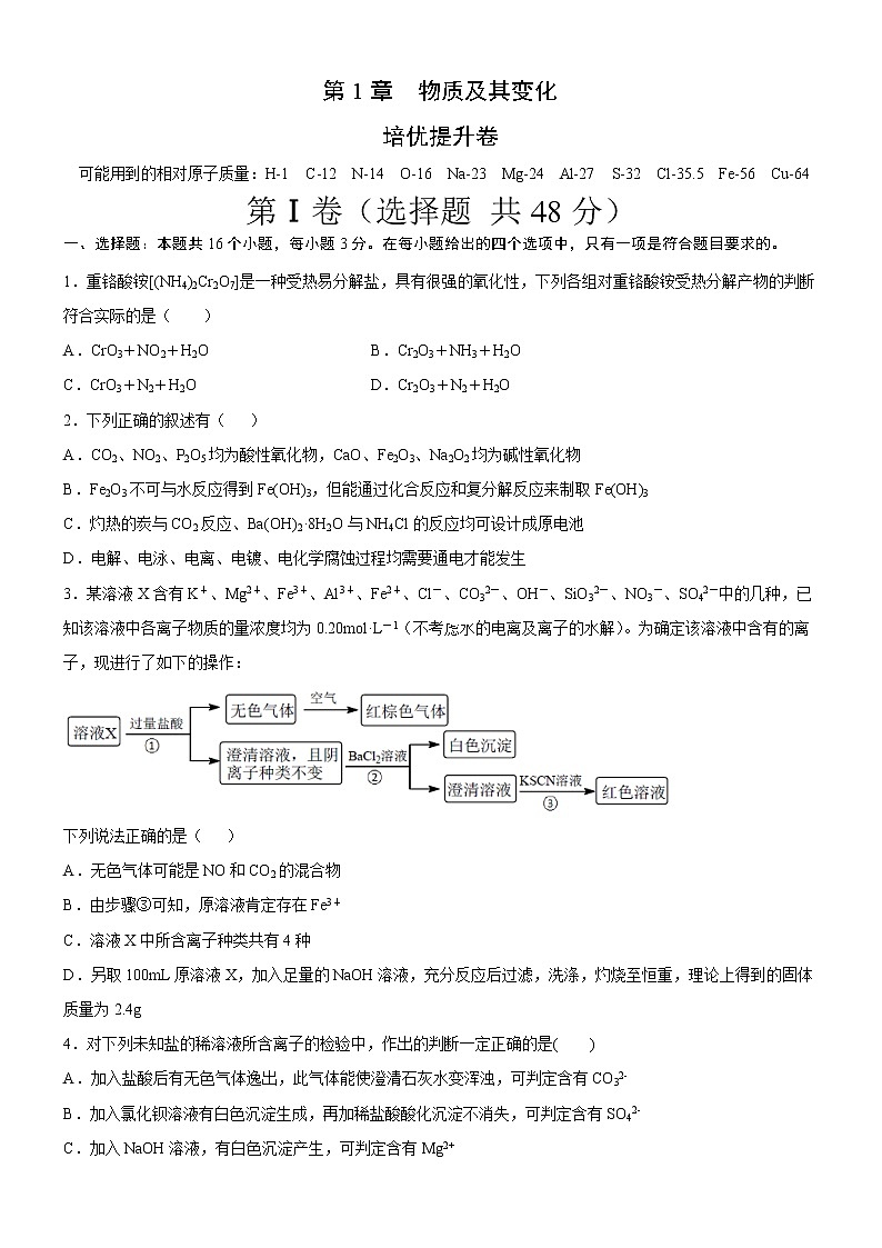 人教版 (2019) 高中 化学  必修 第一册  第1章   物质及其变化（培优提升卷）01
