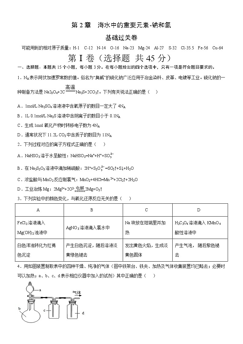 人教版 (2019) 高中 化学 必修 第一册  第2章  海水中的重要元素-钠和氯（基础过关卷）01