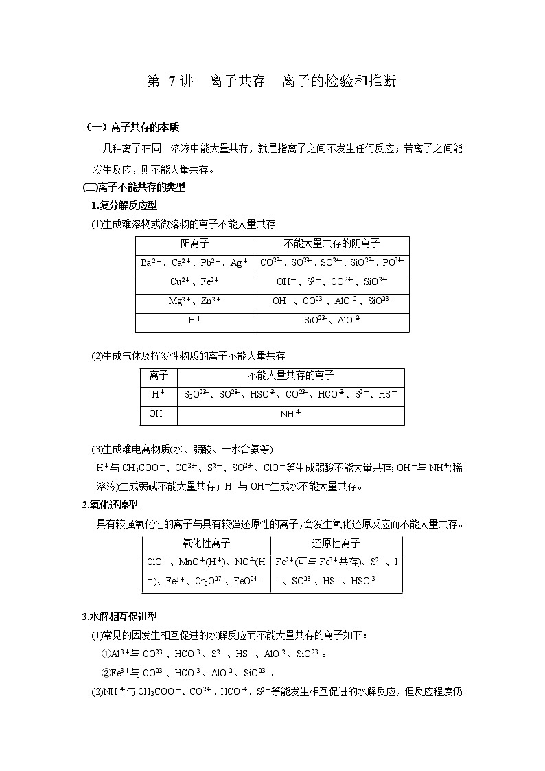 第07讲  离子共存　离子的检验和推断（讲义）（原卷版）01