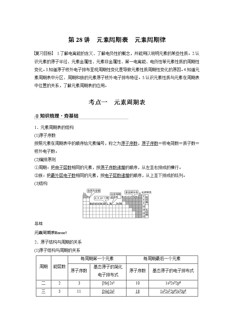 2022届高考化学一轮复习讲义学案（新教材人教版）第五章 第28讲 元素周期表　元素周期律第1页