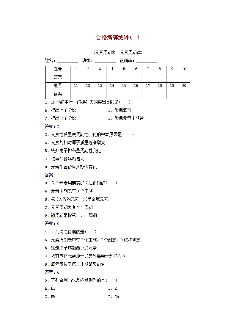 2022版高考化学一轮复习演练测评十元素周期表元素周期律含解析新人教版第1页