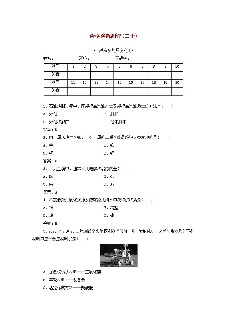 2022版高考化学一轮复习演练测评二十自然资源的开发利用含解析新人教版第1页